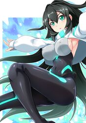  1girl aqua_eyes armpits black_bodysuit black_hair bodysuit breasts bunji covered_navel covered_nipples gundam_build_divers_re:rise highres impossible_bodysuit impossible_clothes large_breasts long_hair long_sleeves looking_at_viewer may_(gundam_build_divers_re:rise) open_mouth outstretched_arms shiny shiny_clothes shiny_hair shiny_skin shrug_(clothing) skin_tight solo 