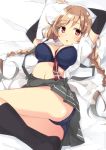  1girl arms_up ass beritabo black_legwear blue_bra blue_panties blush bow bra braid breasts brown_eyes cloud_hair_ornament eyebrows_visible_through_hair gradient_hair highres kantai_collection large_breasts light_brown_hair long_hair looking_at_viewer lying minegumo_(kantai_collection) multicolored_hair navel on_back panties pillow plaid_neckwear pleated_skirt red_bow red_eyes red_neckwear school_uniform shirt short_sleeves skirt socks solo suspender_skirt suspenders twin_braids underwear white_shirt 
