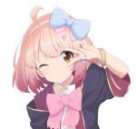  1girl ahoge bangs blue_bow blush bow bowtie bracelet brown_eyes chieru_(princess_connect) eyebrows_visible_through_hair hair_bow hairband hand_up highres jewelry long_sleeves looking_at_viewer maruta_(denmasked) one_eye_closed pink_bow pink_hair pink_hairband pink_neckwear princess_connect! princess_connect!_re:dive short_hair simple_background solo upper_body v white_background 