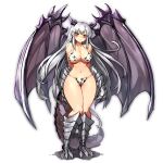 1girl animal_print bangs bare_shoulders bikini blush breasts claws cow_print dragon_girl dragon_tail eyebrows_visible_through_hair gurimjang hair_ornament highres horns large_breasts long_hair midriff navel original pointy_ears silver_hair solo standing swimsuit tail talons very_long_hair white_background white_hair wings yellow_eyes 