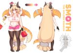  1girl absurdres ahoge bag bangs bare_arms belly big_hair black_gloves blonde_hair breasts character_name character_sheet closed_mouth color_guide commentary covered_nipples curvy doggopancake doughnut dragon_girl dragon_horns dragon_tail dragon_wings fang fingerless_gloves food french_fries from_behind full_body gloves groin hair_between_eyes highres holding holding_bag holding_food horns large_breasts long_hair low-tied_long_hair midriff monster_girl multiple_views orange_eyes original pink_skirt plump pointy_ears sandwich scales sidelocks simple_background skin_fang skirt smile standing sweat sweating_profusely tail tank_top thick_eyebrows thigh-highs v-shaped_eyebrows very_long_hair white_background wings 
