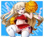  1girl :3 :d azur_lane bache_(azur_lane) bangs bare_shoulders blonde_hair blue_background blush border breasts cheerleader commentary_request cowboy_shot eyebrows_behind_hair fangs from_below groin hair_between_eyes hand_up heart heart-shaped_pupils holding_pom_poms kurono long_hair looking_at_viewer midriff navel open_mouth panties pantyshot pleated_skirt pom_poms purple_panties red_shirt red_skirt shirt side-tie_panties sidelocks skindentation skirt sleeveless sleeveless_shirt small_breasts smile solo standing symbol-shaped_pupils thigh-highs translation_request twintails twitter_username underwear violet_eyes white_border zettai_ryouiki 