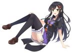  1girl :d absurdres black_hair black_legwear bow hair_ornament hand_on_own_knee highres kuroha1873 long_hair looking_at_viewer onsen_musume open_mouth sitting smile thigh-highs 