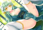  1girl aqua_hair ass bangs blush breasts collarbone commentary_request dragon_horns eyebrows_visible_through_hair fate/grand_order fate_(series) green_hair green_kimono hair_between_eyes horns japanese_clothes kimono kiyohime_(fate/grand_order) large_breasts long_hair looking_at_viewer morizono_shiki open_mouth smile solo spread_legs thigh-highs very_long_hair white_legwear yellow_eyes 