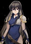  1girl arm_guards armor ayra_(fire_emblem) belt black_background black_hair blue_dress blue_eyes blue_gloves breasts closed_mouth commentary cowboy_shot dress earrings expressionless fingerless_gloves fire_emblem fire_emblem:_genealogy_of_the_holy_war gloves haru_(nakajou-28) highres jewelry long_hair looking_at_viewer medium_breasts shoulder_armor side_slit simple_background sleeveless sleeveless_dress solo straight_hair thighs 