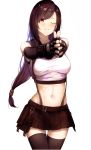  1girl absurdres bangs black_gloves black_hair black_legwear black_skirt blush breasts crop_top elbow_gloves eyebrows_visible_through_hair final_fantasy final_fantasy_vii final_fantasy_vii_remake finger_gun fingerless_gloves gloves hands_together highres kavies large_breasts long_hair looking_at_viewer low-tied_long_hair medium_breasts navel one_eye_closed pleated_skirt red_eyes sidelocks simple_background skirt smile solo suspender_skirt suspenders tank_top thigh-highs tifa_lockhart very_long_hair white_background white_crop_top zettai_ryouiki 