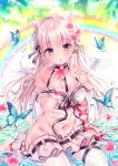  1girl animal animal_ears bare_shoulders barefoot black_choker blurry blurry_background breasts bug butterfly cat_ears choker collarbone commentary_request depth_of_field dress flower hand_up holding holding_flower insect lace lace-trimmed_dress looking_at_viewer medium_breasts nemuri_nemu original parted_lips rainbow red_flower shallow_water solo water white_dress white_flower 