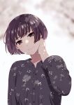  1girl blurry blurry_background brown_eyes brown_hair cherry_blossoms hand_on_own_face looking_at_viewer mattaku_mousuke original patterned_clothing short_hair solo upper_body 