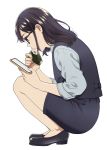  1girl black_hair cellphone eating food glasses holding mattaku_mousuke medium_hair mole mole_under_eye office_lady onigiri original pencil_skirt phone skirt smartphone solo squatting white_background 