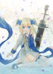  1girl :o abstract_background anchor_necklace azur_lane bangs blonde_hair blue_eyes blue_footwear blue_ribbon bow child coat_dress collarbone collared_dress commentary_request dress eyebrows_visible_through_hair flower full_body gold_trim hair_between_eyes hair_bow hand_up holding holding_ribbon little_renown_(azur_lane) loafers long_sleeves looking_at_viewer open_mouth planted_weapon ribbon shiromine_kana shoes short_hair sidelocks signature sitting solo thigh-highs two_side_up wariza weapon white_background white_dress white_legwear younger zettai_ryouiki 