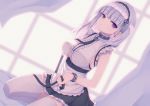  1girl anchor apron azur_lane bare_shoulders black_hairband blush breasts collar dido_(azur_lane) dress eyebrows_visible_through_hair frilled_dress frills hair_ornament hair_ribbon hairband jewelry large_breasts long_hair looking_at_viewer maid on_bed ribbon sitting sitting_on_bed sleeveless solo thigh-highs under_boob underboob_cutout violet_eyes waist_apron white_apron white_legwear window zuchineru 