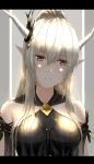  1girl arknights bangs bare_shoulders breasts brown_eyes chinese_commentary commentary_request eleaaa eyebrows_visible_through_hair grey_background hair_between_eyes head_tilt highres horns large_breasts letterboxed long_hair looking_at_viewer pointy_ears shining_(arknights) silver_hair solo upper_body 