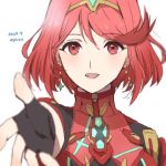  1girl bangs commentary_request earrings eyebrows_visible_through_hair fingerless_gloves gem gloves hair_between_eyes headpiece pyra_(xenoblade) jewelry looking_at_viewer open_mouth outstretched_hand oyasu_(kinakoyamamori) red_eyes redhead short_hair shoulder_armor smile swept_bangs tiara upper_body xenoblade_(series) xenoblade_2 