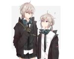  2girls ? american_flag commission dual_persona eyebrows_visible_through_hair girls_frontline gloves grey_hair headphones headphones_around_neck height_difference highres jacket m200_(girls_frontline) multiple_girls necktie second-party_source shirt skirt tactical_clothes udon-udon vest violet_eyes 