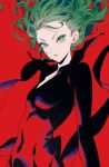  1girl black_dress breasts curly_hair dress floating_hair green_eyes green_hair highres looking_at_viewer one-punch_man red_background simple_background small_breasts solo tatsumaki tenobe upper_body 