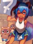  1girl 2others absurdres animal_ears apron arm_up armpits blue_apron blue_eyes blue_hair blush brand_new_animal doubutsu_no_mori furry highres kagemori_michiru mamekichi_(doubutsu_no_mori) multiple_others one_eye_closed open_mouth raccoon_ears raccoon_girl raccoon_tail short_hair short_shorts shorts tab_head tail tank_top tanuki tsubukichi_(doubutsu_no_mori) waist_apron white_tank_top 