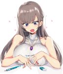  1girl bangs bare_shoulders breast_rest breasts brown_hair eraser eyebrows_visible_through_hair fafas68 highres jewelry long_hair mechanical_pencil mole mole_under_eye necklace open_mouth original pencil solo sweater turtleneck turtleneck_sweater violet_eyes 