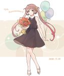  1girl alternate_costume anniversary asagumo_(kantai_collection) balloon bangs black_dress bouquet brown_hair dated dress flower full_body hair_ribbon holding holding_bouquet kantai_collection long_hair red_flower ribbon see-through_sleeves shakemi_(sake_mgmgmg) silver_footwear simple_background solo twintails 