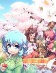  3girls :d =_= animal_ear_fluff animal_ears arms_up black_shirt blanket blue_eyes blue_hair blue_sky blush boned_meat brooch brown_hair bucket cape cherry_blossoms closed_eyes clouds commentary_request cup day dress drill_hair drunk fang floral_print food grass grass_root_youkai_network green_kimono hair_ribbon hanami head_fins highres holding holding_cup holding_food imaizumi_kagerou in_bucket in_container in_water isu_(is88) japanese_clothes jewelry kappamaki kimono layered_dress long_hair looking_at_another looking_at_viewer makizushi meat mermaid monster_girl multiple_girls obentou obi on_ground open_mouth outdoors partially_submerged petals petals_on_liquid pouring red_cape red_skirt redhead ribbon sakazuki sash sekibanki shawl shirt short_hair sitting skirt sky smile sushi tail tokkuri touhou tree wakasagihime wariza wolf_ears wolf_tail yokozuwari 