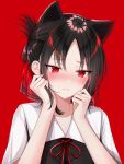  1girl 49_(yonkyuu) animal_ears bangs black_hair blush cat_ears collarbone commentary dress eyebrows_visible_through_hair folded_ponytail frown hair_ribbon heart heart_in_eye highres kaguya-sama_wa_kokurasetai_~tensai-tachi_no_renai_zunousen~ looking_at_viewer medium_hair parted_bangs red_background red_eyes red_ribbon ribbon shinomiya_kaguya simple_background solo symbol_in_eye 