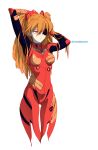  1girl adjusting_hair arms_up bangs black_eyepatch bodysuit breasts chinese_commentary closed_mouth collar commentary_request copyright_name eyepatch gloves hair_between_eyes hair_ornament hair_over_shoulder hairclip highres long_hair looking_to_the_side neon_genesis_evangelion orange_hair pilot_suit plugsuit red_bodysuit shikinami_asuka_langley simple_background small_breasts solo souryuu_asuka_langley turtleneck two_side_up upper_body violet_eyes white_background zounao_(405609) 