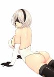  :o ass black_blindfold black_headband black_legwear blindfold breasts cropped_legs gloves headband highres large_breasts leotard looking_back mole mole_under_mouth nier_(series) nier_automata ryu_seung short_hair thigh-highs thighs white_gloves white_hair white_leotard yorha_no._2_type_b 