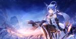  1girl 2019 armored_boots azur_lane bangs black_footwear black_gloves black_legwear blue_hair boots choker dated dress gascogne_(azur_lane) gloves headgear highres knee_boots looking_at_viewer outdoors pantyhose shiny shiny_hair short_dress short_hair sitting sleeveless sleeveless_dress solo strapless strapless_dress yellow_eyes yu_jiu 