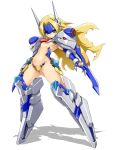  1girl :&lt; ass_visible_through_thighs blazblue blonde_hair blue_eyes breasts crotch_plate elbow_gloves forehead_protector full_body gloves headgear highres karukan_(monjya) long_hair looking_at_viewer mecha_musume mu-12 navel noel_vermillion revealing_clothes sidelocks small_breasts solo tsurime under_boob white_background 
