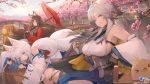  5girls absurdres ahoge amagi_(azur_lane) animal_ears armpits azur_lane bare_shoulders bibimbub bird black_gloves blue_eyes breasts bridge brown_hair canoe cat cherry_blossoms chick commentary day detached_sleeves fishing fox_ears fox_girl fox_mask fox_tail gloves gradient_hair grey_hair hakama hanazuki_(azur_lane) haori highres holding holding_umbrella japanese_clothes kaga_(battleship)_(azur_lane) kitsune large_breasts long_hair looking_at_viewer low_ponytail manjuu_(azur_lane) mask mask_on_head mask_removed meowfficer_(azur_lane) multicolored_hair multiple_girls multiple_tails naganami_(azur_lane) nontraditional_miko official_art oriental_umbrella outdoors river sailing short_hair sitting smile tail tosa_(azur_lane) tree umbrella violet_eyes watermark white_hair wide_sleeves 