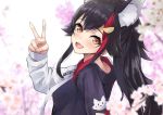  1girl :d animal_ear_fluff animal_ears animal_print black_hair blurry depth_of_field flower highres hololive hood hood_down hoodie konkito long_hair multicolored_hair ookami_mio open_mouth orange_eyes redhead smile streaked_hair tree_branch v virtual_youtuber wolf_ears wolf_girl 