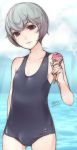  1girl breasts ejami food ice_cream looking_at_viewer one-piece_swimsuit original short_hair solo swimsuit water 