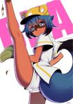  1girl animal_ears ass baseball baseball_mitt baseball_uniform blue_hair brand_new_animal fake_animal_ears furry hat highres kagemori_michiru leg_up legs number10_(hagakure) pitching raccoon_girl raccoon_tail red_eyes shirt short_hair short_shorts shorts solo sport sportswear tail thighs white_shirt yellow_headwear 