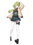  1girl :d ahoge arm_up bare_shoulders belt belt_pouch black_footwear black_sweater breasts brown_jacket dress full_body girl_cafe_gun green_hair hair_over_one_eye highres iritoa jacket leg_belt long_hair long_sleeves looking_at_viewer nie_shirou_(girl_cafe_gun) off_shoulder official_art open_clothes open_jacket open_mouth pouch ribbed_sweater shoes sleeveless sleeveless_turtleneck small_breasts smile solo sweater sweater_dress thigh-highs transparent_background turtleneck v-shaped_eyebrows violet_eyes white_legwear zettai_ryouiki 