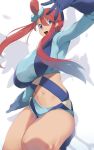  1girl blue_eyes fuuro_(pokemon) hair_bun hair_ornament highres kamaboko_(ossann0125) midriff navel pokemon pokemon_(game) pokemon_bw redhead short_shorts shorts simple_background solo thick_thighs thighs white_background 