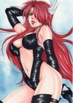  1girl anjura_(zenki) arm_behind_head breasts brown_eyes commentary_request dominatrix gloves highres kishin_douji_zenki large_breasts latex latex_gloves leotard long_hair looking_at_viewer navel nochiko redhead simple_background solo traditional_media 