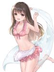  1girl apron arms_up bikini breasts brown_eyes brown_hair highres long_hair looking_at_viewer navel original pink_bikini poe_(528yuzunon) simple_background small_breasts smile solo swimsuit very_long_hair white_background 