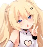  1girl azur_lane bache_(azur_lane) bache_(showy_sports_star)_(azur_lane) bangs blonde_hair blush breasts collared_dress detached_sleeves dress eyebrows_visible_through_hair fang hair_between_eyes hair_ornament hairclip hana_(tmtmrgrgtrg) hand_up heart_cutout jewelry long_hair long_sleeves looking_at_viewer open_mouth ring simple_background sleeveless sleeveless_dress small_breasts solo two_side_up upper_body v violet_eyes white_background white_dress white_sleeves 
