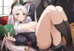  1girl admiral_hipper_(azur_lane) antenna_hair arm_up ass azur_lane black_choker black_jacket black_legwear black_nails black_panties book breasts breasts_apart choker collared_shirt couch earrings hair_ribbon holding jacket jewelry kneehighs knees_up large_breasts long_hair looking_at_viewer luse_maonang lying manjuu_(azur_lane) multicolored_hair nail_polish no_bra off_shoulder on_back on_couch open_book open_clothes open_jacket orange_eyes panties phone pillow prinz_eugen_(azur_lane) ribbon shirt silver_hair skindentation solo streaked_hair stuffed_animal stuffed_toy thighs two_side_up underwear very_long_hair white_shirt 