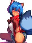  1girl absurdres animal_ears blue_eyes blue_hair blue_shorts brand_new_animal breasts clenched_hands furry highres jacket kagemori_michiru open_mouth paw_pose raccoon_ears raccoon_girl raccoon_tail red_jacket shirt short_hair short_shorts shorts solo spread_legs squatting tab_head tail track_jacket white_shirt 
