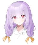  1girl arikalovesyou2 arius_squad_(blue_archive) atsuko_(blue_archive) blue_archive braid cross_in_eye highres jacket low_twin_braids purple_hair red_eyes simple_background solo twin_braids upper_body white_background white_jacket 