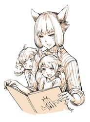  1boy 2girls absurdres alisaie_leveilleur alphinaud_leveilleur alternate_costume animal_ears bangs book cat_ears elezen elf facial_mark final_fantasy final_fantasy_xiv haimerejzero hair_tubes highres miqo&#039;te monochrome multiple_girls open_book open_mouth pointy_ears sabotender short_hair sidelocks sketch sweater turtleneck turtleneck_sweater y&#039;shtola_rhul younger 