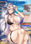  1girl absurdres animal_ears antenna_hair arm_support azur_lane bangs bare_shoulders bikini black_choker blush breasts chair choker closed_mouth crossed_legs earrings eyebrows_visible_through_hair eyes_visible_through_hair eyewear_on_head fox_mask fox_tail hair_between_eyes halterneck hand_up highleg highleg_bikini highres jewelry large_breasts lilycious looking_at_viewer mask mask_on_head navel red_eyes silver_hair sitting smile solo string_bikini sunglasses swimsuit tail thick_eyebrows thick_thighs thigh_strap thighs tosa_(azur_lane) tosa_(hometown_zest)_(azur_lane) two-tone_bikini 