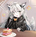  1girl animal_ears arknights bangs black_jacket cake commentary_request eyebrows_visible_through_hair fingerless_gloves flying_sweatdrops food fork fruit gloves grey_eyes grey_gloves hair_between_eyes hair_ornament hairclip hand_up high_collar highres hjhhzb holding holding_fork huge_filesize indoors jacket lappland_(arknights) long_hair long_sleeves looking_at_viewer open_mouth partial_commentary plate scar scar_across_eye silver_hair solo strawberry tail upper_body wolf_ears wolf_tail 