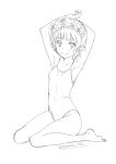  1girl armpits arms_up artist_name bangs barefoot blunt_bangs blush breasts flower head_wreath looking_at_viewer monochrome puma_(hyuma1219) short_hair sitting small_breasts smile solo swimsuit to_aru_kagaku_no_railgun to_aru_majutsu_no_index twitter_username uiharu_kazari wariza white_background 