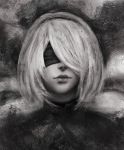  1girl absurdres blindfold closed_mouth face greyscale hairband highres mole mole_under_mouth monochrome nier_(series) nier_automata painterly short_hair solo sorapoi turtleneck upper_body yorha_no._2_type_b 