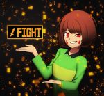 1girl blood blood_on_face bloody_clothes brown_hair chara_(undertale) commentary heart-shaped_pupils hood_(james_x) looking_at_viewer open_mouth red_eyes red_pupils shirt short_hair smile solo striped striped_shirt undertale
