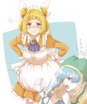  2girls absurdres alternate_costume annoyed apron arm_ribbon arm_up bangs blonde_hair blue_background blue_hair blue_neckwear blush bob_cut clenched_hand commentary_request cravat cropped_legs double_bun dress enmaided from_side furrowed_eyebrows green_headwear grimace gumi_(fwjn7284) hair_over_one_eye hair_ribbon hands_on_hips haniwa_(statue) haniyasushin_keiki highres hood joutouguu_mayumi juliet_sleeves leaning_forward long_sleeves looking_at_viewer maid maid_apron maid_headdress motion_lines multiple_girls orange_dress puffy_sleeves ribbon short_hair simple_background sketch standing star sweat touhou translation_request two-tone_background upper_body white_background wrist_cuffs yellow_dress yellow_eyes 