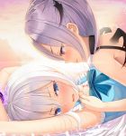  2girls :d arms_up bed_sheet blue_eyes blue_ribbon blush highres looking_at_another lying multiple_girls neck_ribbon on_back open_mouth original purple_hair red_eyes restrained ribbon shinigami_(tukiyomiikuto) shiny shiny_hair short_hair silver_hair smile upper_body wavy_mouth yuri 