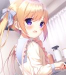  1girl apron bangs blonde_hair blue_bow blue_sailor_collar blush bottle bow chitosezaka_suzu commentary_request curtains dutch_angle eyebrows_visible_through_hair frilled_apron frills hair_between_eyes hair_bow indoors long_hair long_sleeves looking_at_viewer looking_to_the_side open_mouth original pink_apron sailor_collar school_uniform serafuku shirt sidelocks solo spray_bottle twintails upper_body violet_eyes white_shirt 