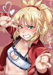 1girl bangs blush bra braid breasts cat_cutout cat_lingerie clenched_teeth collarbone fate/apocrypha fate_(series) french_braid frilled_bra frills green_eyes hair_ornament hair_scrunchie jacket long_hair long_sleeves looking_at_viewer meme_attire mordred_(fate) mordred_(fate)_(all) navel nosame open_clothes open_jacket ponytail red_jacket red_scrunchie scrunchie sidelocks small_breasts solo teeth trembling underwear v white_bra 